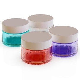 4Pack 1 oz, Small Colored Glass Cosmetic Candle Jars with White Lids, Empty Refillable Travel Container For Cream,Lotions, Powders,Salves,Slime Storage,With Lables And Inner Liners (4, mixed)