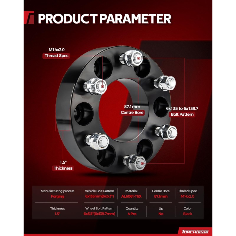 Torchbeam 6x135mm to 6x139.7mm Lug Centric Wheel Adapters 1.5 inch