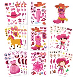 24 Sheets Make a Face Pink Cowboy Sticker – Western Cowgirl and Cowboy Dress Up Stickers for Kids, Funny Face Craft Activity for Birthday Party Favors, Classroom Rewards, Scrapbooking