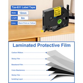 Upwinning Tze-631 12 mm Compatible with Brother P-Touch Tapes Yellow 12 mm x 8 m, Tze 631 Tze631 Black on Yellow, Tze 12 mm for Brother PTH100R H105 H100LB D210 E110 E300, Pack of 3