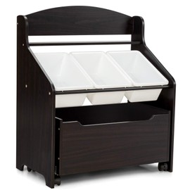 Bettary Wooden Storage Toy Organizer with 4 Movable Bins, Multi-Bin Floor Storage, Wheeled Display, Toy Chest & Organizer for Play Room and Reading Nook (Brown)