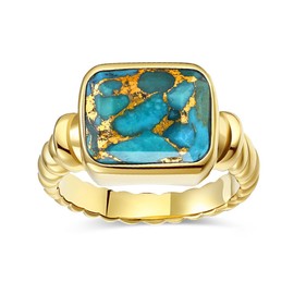 Women's 14K Gold Plated Statement Rings Emerald Cut Teal Turquoise Ring Stainless Steel Chunky Gold Rings Womens Gift Size T1/2