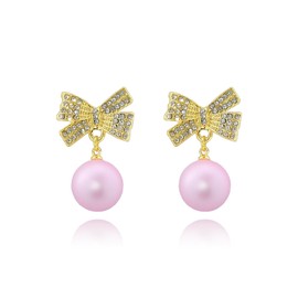 ANGLEQUEEN Pearl Bow Earrings for Women Gold Drop Earrings Pink Pearl Earrings Trendy Rhinestone Stud Earrings Ball Pearl Dangle Earrings for Party Holiday Jewelry (Pink)