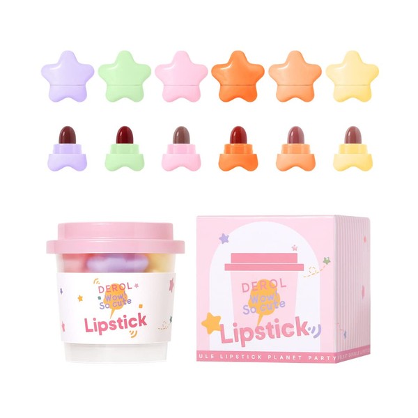 Garcoa Laboratories Mini Star Lipstick Set, 6Pcs Cute Long Lasting Matte Lipstick Set, Portable Colorful Velvet Lipsticks with Pink Cup, Suitable for Various Makeup