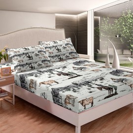 Western Cowboy Sheet Set King Size,Vintage Southwest Style Bed Sheets Desert Cactus Cow Horse Animals Bedding Set for Kids Boys Girls Adult Room Decor,Grey Brown White Fitted + Flat Sheet 4Pcs