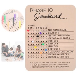 Phase 10 Score Board, Wooden Phase 10 Scoreboard, Phase 10 Score Sheets with 8 Colored Pegs, 10 Scorecard and Round Tracker, Classic Family Adults Board Card Games Night Table Score Boards