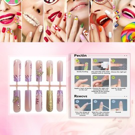 Rchovsam Long Press on Nails Square xl French Tip Fake Nails Purple 3D Butterfly Diamond Designs Nails Press Ons 3D Gold Stripe Stick on Nails Full Cover Artificial Nails Gift for Women 24pcs