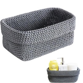 Crochet Basket, Crochet Basket Storage, Basket for Guest Towels, Basket for Storage, Bathroom Baskets, for Bathrooms, Kitchen, Living Room, Offices (21 x 13 x 15.5 cm, Grey)