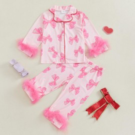 Toddler Girls Satin Pajamas Outfits Feather Trim Long Sleeve Bow Print Lapel Button Down Sweatshirt Top with Elastic Pants Sets 2Pcs Kids Sleepwear Clothes for Little Girls (Pink, 2-3 Years)