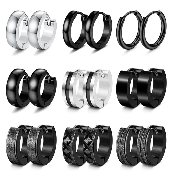 JeweBella 9 Pairs Mens Earrings Hoops Black Hoop Earrings for