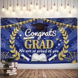HILAVO Graduation Banner, Extra Large 72x44'' Blue White Congrats Grad Banner, Graduation Decorations Class of 2025, Grad Backdrop Party Decor, Congrats Grad Sign, Outdoor Photo Background