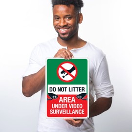 Do Not Litter Area Under Video Surveillance Sign, 10x14 Inches, 55 mil Thick HDPS (high Density polystyrene), Made in USA