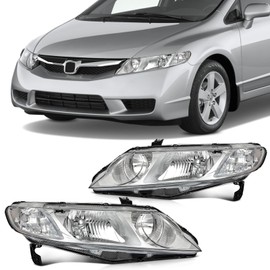 SCITOO Headlight Assembly Fit 2006-2011 for Honda Civic Sedan Pair Headlamps Chrome Housing Clear Reflector 33151SNAA02