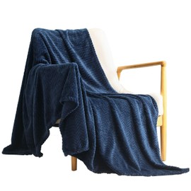 Exclusivo Mezcla Large Flannel Fleece Throw Blanket, Jacquard Weave Wave Pattern (50" x 70", Navy Blue) - Soft, Warm, Lightweight and Decorative