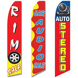 3 Swooper Flags Auto Stereo Rim Car Audio SALE Welcome Open Red & Yellow