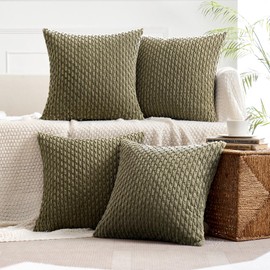 MIULEE Pack of 4 Olive Green Throw Pillow Covers 18x18 Inch Soft Corduroy Decorative Boho Striped Pillow Covers Pillowcases Modern Farmhouse Home Decor for Couch Bed Sofa Living Room