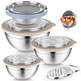P&P CHEF Mixing Bowls with Lids Set of 3, 3 Pcs Stainless Steel Nesting Salad Bowls and Colander for Kitchen, 3 Grater Attachments & Non-Slip Bottoms, Visible & Airtight Lid, Khaki