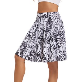 Micosuza Women's Swim Skorts High Waist Tummy Control Modest Swim Skirt with Shorts Swimsuit Bikini Bottoms Black-Leaves