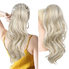 REECHO Ponytail Extension, Drawstring Ponytail Extension Long Wavy Layered Pony Tails Hair Extensions 22inch Natural Clip in Synthetic Hairpiece for Women, Medium Blonde with Highlights
