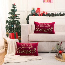 Tosleo Christmas Throw Pillow Cover 12 x 20 inch Set of 2 Christmas Green Leaves Flower Pillow case Christmas Party Red Pillowcase Decorations Winter Holiday Cushion Case