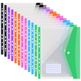 12 Pack Punched Pockets A4 Plastic Wallets,Expandable 11 Holes Binder Pocket,Plastic Envelope File Folders with Snap Button and Label Pocket for School Home Office,6 Colours