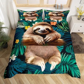 Kids Cute Sloth Bedding Set Cartoon Animal Comforter Cover for Boys Girls Funny Lazy Sloth Tropical Leaves Floral Print Duvet Cover Nature Themed Bedspread Cover Room Decor Quilt Cover Twin Size