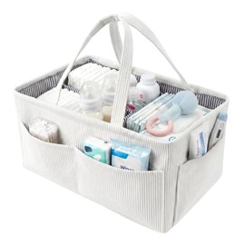 Baby Nappy Caddy Organiser, Portable Nursery Storage Basket with Handle and Detachable Compartments, Newborn Essentials Baby Basket Shower Gifts for Boys Girls(Off-white)