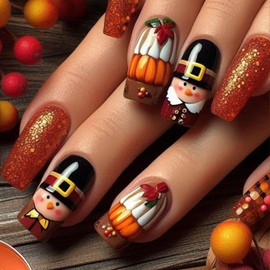 French Tip Press on Nail Thanksgiving Day Fake Nail Medium Coffin False Nails Glitter Orange Acrylic Nails with Nutcracker Design Glue on Nails Autumn Stick on Nails for Women Holiday Manicure 24 PCS