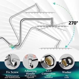 Rain Shower Head Extension Arm, Upgrade 12 Inch Metal Shower Extension Arm, Height/Angle Adjustable Curved Shower Head Extender with 1/2 Universal Connection, Flexible Rise or Lower Shower Head Chrome