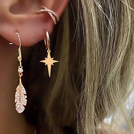 Cimenexe Bohemian Crystal Feather Starburst Dangle Earring Gold Cz Ear Cuff Earring Paved Feather Drop Earring North Star Rhinestone Hoop Cartilage Earring Jewelry for Women and Girls Gifts