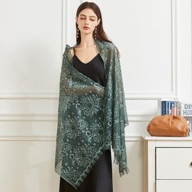 Huralona Women Lace Shawls and Wraps for Evening Dress Wedding Bridal Lace Pashmina Scarf for with Fringe for Costume Party (Lacy, Dark Green)