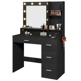 Furmax Vanity Desk with Lights and Mirror Makeup Vanity Table Set with Drawer and Power Outlet - Color: black.