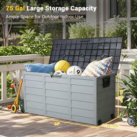 75 Gallon Deck Box, Waterproof Outdoor Storage Box with Lid, Resin Outdoor Storage Cabinet with Wheels, Side Handles, Bench Seat Outside Storage Container for Patio Cushions, Furniture, Garden Tools