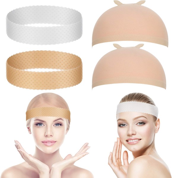 4 Pieces Silicone Wig Grip Band Transparent Silicone Wig Headband Sweatproof Seamless Non Slip Wig Hair Band with Stretchy Nylon Wig Cap for Wig and Sport Yoga (White and Light Brown, Skin Color)