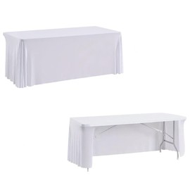 HAORUI Open Back Table Skirts, Rectangle Wrinkle Resistant Table Clothes, Ruffles Elastic Table Cover for Banquets, Weddings, Parties (6ft White)