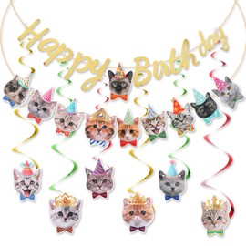 FNANJWQ Cat Theme Birthday Party Banners, Funny Cat Birthday Party Decorations Supplies Pet Theme Activity Supplies for Celebration Anniversary