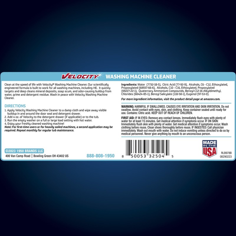Velocity Washing Machine Cleaner – 4 Uses Per Bottle. Removes