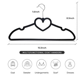 ZRKFSR Plastic Hangers 50 Pack, Heart-Shaped Clothes Hanger Ultra Thin Space Saving - Black Slim Hangers with 360 Degree Swivel Hook & Travel Clothesline - Adult Coat Hangers for Dress, Shirts, Coats