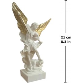 Saint Michael the Archangel Statue -White Figurine with crown, sword and wings golden Hand painted - H 8,26 in