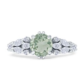 OMRANII Natural Green Amethyst Prasiolite Size-5 Round Shaped Vintage Style Pear Teardrop Cocktail Modern Wedding Engagement Ring Solid 925 Sterling Silver Ring