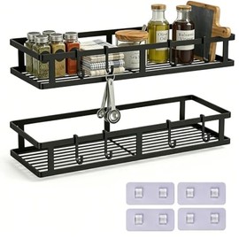 Spice Rack Wall 2 Pack Metal Kitchen Shelf Hanging No Drilling Spice Rack Organiser Wall Mounting for Kitchen Bathroom Balcony Cupboard or Wall Mounting with Hooks (Black)