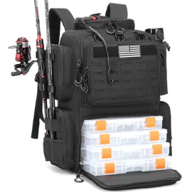 BISKLNDN Tactical Fishing Backpack with 4 Tackle Boxes, Rod Holders, Bottle Holder, Large Storage Fishing Bag Store Fishing Gear and Equipment, 50L Black