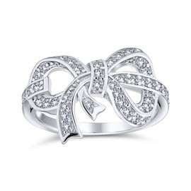 Bling Jewelry Dainty Thin Band Cubic Zirconia Pave CZ Ribbon Bow Open 925 Sterling Silver Ring
