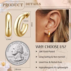 JeweBella Chunky Gold Hoops Earrings for Women 18K Gold Plated Hypoallergenic Earrings Lightweight Small Thick Huggie Earring Wide Zircon Hoop Earring