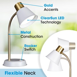 OttLite Beam LED Desk Lamp, Metal Construction in White and Gold, Flexible Neck, Book Light, Table Lamp, Reading Light, Work, Desk Lights for Home Office or Bedside