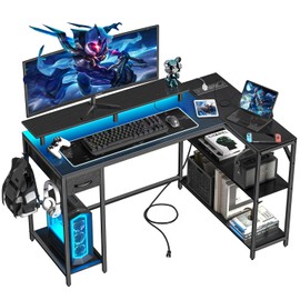 Eivanet 47 inch Gaming Desk with Power Outlet & LED Light, Reversible L Shaped Desk, L Shaped Desk with Hook & Monitor Stand, Computer Desk with Drawer and Shelves for Home Office Bedroom