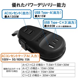 VOLCUR PSE Certified Power Strip Rapid Charger, 65 W, Compact, USB PD Compatible, 2 Type-C Ports, 1 USB A Port, GaN (Gallium Nitride), Black