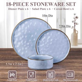 Herogo Dinnerware Sets for 6, 18 Pieces Ceramic Dishware for Kitchen Restaurant, Stoneware Plates and Bowls Sets, Dishwasher & Microwave Safe, Haze Blue