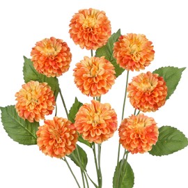 Hollyone 27.6" Orange Artificial Dahlia Flowers 3Pcs Fake Roses Bouquet Ball Dahlia Flower Arrangement Faux Pincushion Flower with 3 Heads Long Stem for Centerpiece Home Decor