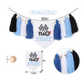 Two Fast High Chair Banner - Race Car Blue Tassel Highchair Banner, Two Fast 2nd Birthday Decoration for Boys, Race Car Theme Birthday Decor